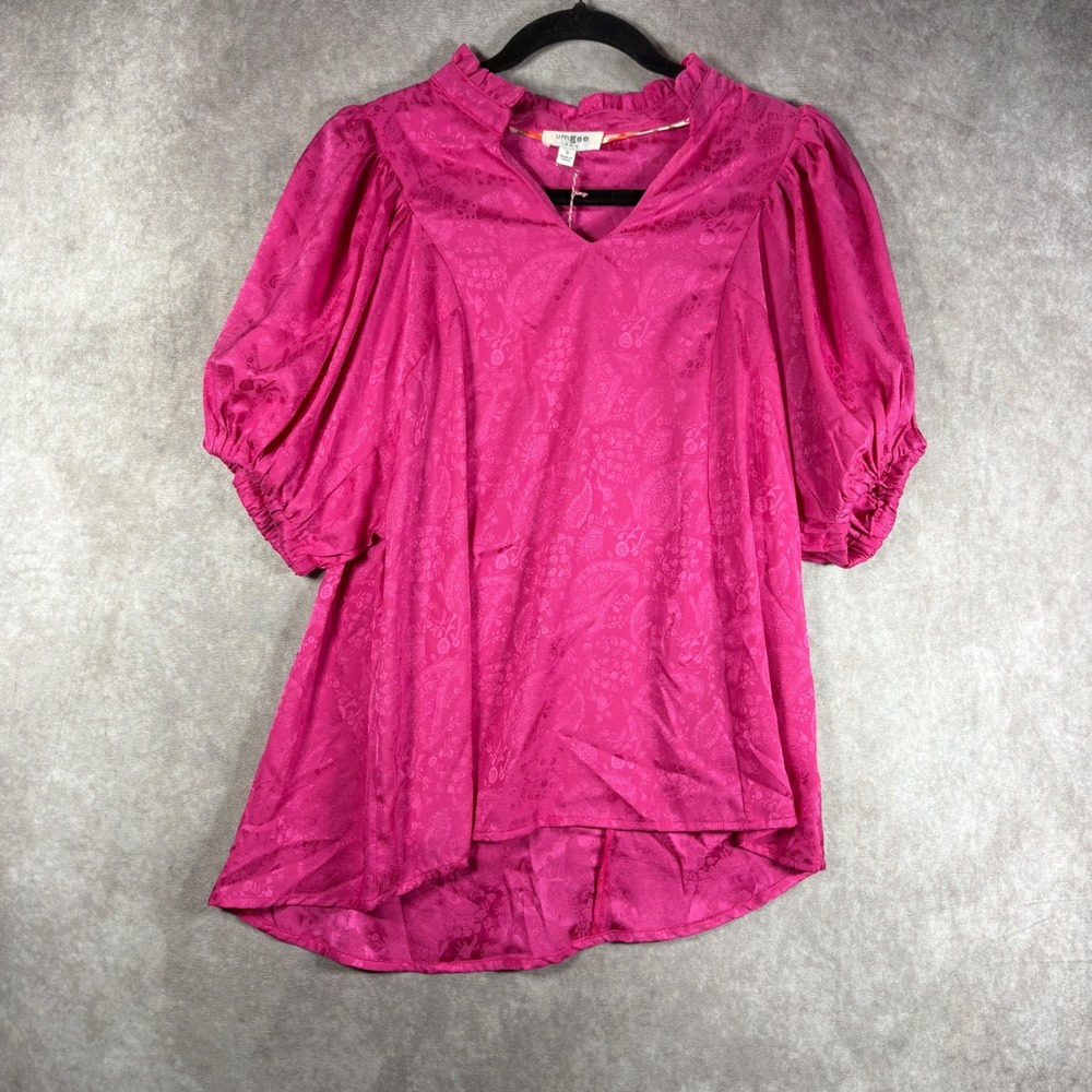 Umgee Blouse Womens Small Pink Paisley Jacquard Boho Ruffle Puff Sleeve Boho NEW